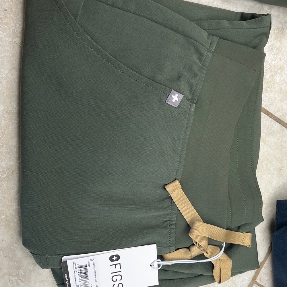 FIGS Olive Scrub Pants with Tan Drawstring